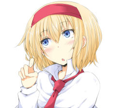Rule 34 | 1girl, blonde hair, blue eyes, blush, capelet, chata maru (irori sabou), hairband, open mouth, playing with own hair, simple background, solo, touhou, upper body