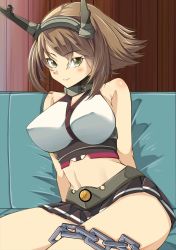 Rule 34 | 1girl, bare arms, bare legs, bare shoulders, belt, blush, breasts, brown hair, chain, closed mouth, collar, couch, headgear, highres, indoors, kantai collection, large breasts, legs, looking at viewer, midriff, miniskirt, mutsu (kancolle), nanokah2, short hair, sitting, skirt, smile, solo, thighs, yellow eyes