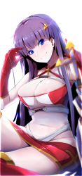 Rule 34 | 1girl, absurdres, alternate costume, bad id, bad twitter id, bare shoulders, blue eyes, blunt bangs, blurry, boots, breasts, cleavage, depth of field, eyeshadow, fate/grand order, fate (series), gloves, hair ornament, hairpin, highres, long hair, makeup, martha (fate), martha (swimsuit ruler) (fate), midriff, miniskirt, navel, purple hair, sitting, skirt, solo, stomach, thigh boots, thighhighs, very long hair, wada kazu