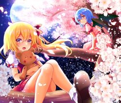 Rule 34 | 2girls, :d, arm support, asymmetrical hair, bat wings, black footwear, blonde hair, blush, bow, branch, cherry blossoms, closed mouth, commentary request, crystal, dress, eyelashes, falling petals, flandre scarlet, frills, full moon, hair bow, happy, in tree, knees, light purple hair, looking at viewer, mary janes, moon, multiple girls, night, no headwear, hugging object, one side up, open mouth, outdoors, petals, pink dress, puffy short sleeves, puffy sleeves, red bow, red ribbon, remilia scarlet, ribbon, rimu (kingyo origin), shoes, short hair, short sleeves, siblings, sisters, sitting, sitting in tree, smile, socks, stuffed animal, stuffed toy, teddy bear, touhou, tree, white legwear, wings