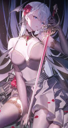 1girl bare_shoulders black_dress black_gloves blue_eyes braid breasts cleavage demon_wings dress dress_flower earrings elbow_gloves falling_petals flower gloves hair_flower hair_ornament hand_up highres holding holding_sword holding_weapon jewelry long_hair looking_at_viewer novel_illustration official_art parted_lips petals red_flower riselia_ray_crystalia seiken_gakuin_no_maken_tsukai sitting sleeveless sleeveless_dress solo sword toosaka_asagi wariza weapon white_hair wings