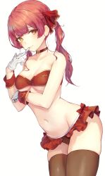 Rule 34 | 1girl, bad id, bad twitter id, bare arms, bare shoulders, bikini, bikini skirt, biting, breast hold, breasts, brown thighhighs, choker, cleavage, collarbone, cowboy shot, glove biting, gloves, grey background, groin, hair ribbon, heterochromia, highres, hololive, houshou marine, leviathan (hikinito0902), medium breasts, mouth hold, navel, orange eyes, red bikini, red choker, red eyes, red hair, revision, ribbon, simple background, skindentation, smile, solo, standing, stomach, strapless, strapless bikini, swimsuit, thighhighs, thighs, twintails, virtual youtuber, white gloves, wrist cuffs