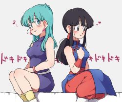 Rule 34 | 2girls, aqua eyes, aqua hair, arm at side, bare arms, bare legs, bare shoulders, belt, black eyes, black hair, blue dress, blush, boots, bracelet, breasts, bulma, chi-chi (dragon ball), china dress, chinese clothes, clenched hand, closed mouth, dragon ball, dragon ball (classic), dress, earrings, hand up, heart, jewelry, long hair, medium breasts, multiple girls, musical note, neck, ponytail, purple dress, quaver, short dress, side-by-side, simple background, sitting, sleeveless, sleeveless dress, sleeveless turtleneck, small breasts, smile, straight hair, tkgsize, turtleneck, wristband