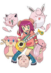 Rule 34 | 1girl, audino, boots, cleffa, creatures (company), crossover, fingerless gloves, full body, game freak, gen 1 pokemon, gen 2 pokemon, gen 5 pokemon, gloves, green eyes, green shorts, guitar, heart, sonia strumm (mega man), holding, holding instrument, holding microphone, hood, hoodie, instrument, jigglypuff, lickitung, microphone, music, nintendo, open mouth, playing instrument, pokemon, pokemon (creature), purple hair, mega man (series), mega man star force, short hair, shorts, simple background, smile, standing, tongue, tongue out, white background, wigglytuff