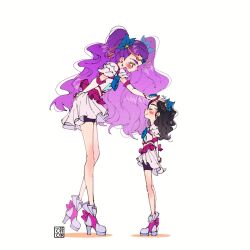 Rule 34 | 2girls, aoi tete, artist logo, bike shorts, bike shorts under skirt, black hair, blush, boots, closed eyes, commentary request, cosplay, earrings, eyelashes, flower, hair flower, hair ornament, happy, high heel boots, high heels, highres, jewelry, long hair, looking at another, magical girl, midriff, milk (yes! precure 5), milky rose, milky rose (cosplay), mimino kurumi, multiple girls, precure, purple eyes, purple hair, shorts, shorts under skirt, simple background, skirt, smile, standing, tiara, twintails, white background, yes! precure 5, yes! precure 5 gogo!