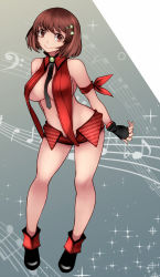 Rule 34 | 1girl, aged up, alternate costume, aoshima, arm ribbon, bare shoulders, bass clef, beamed quavers, between breasts, black footwear, black gloves, black necktie, breasts, brown eyes, brown hair, closed mouth, fingerless gloves, flat sign, full body, gloves, hair ornament, highres, large breasts, leaning forward, looking at viewer, lyrica prismriver, midriff, musical note, musical note print, navel, necktie, necktie between breasts, no bra, no headwear, quaver, red ribbon, revealing clothes, ribbon, shoes, short hair, short shorts, shorts, sideboob, smile, solo, sparkle, staff (music), star (symbol), star hair ornament, stomach, thighs, touhou, underboob, wide hips
