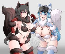 Rule 34 | 2girls, absurdres, akame (akame ga kill!), akame ga kill!, animal ears, bikini, black bikini, black hair, blue eyes, blue hair, blush, breasts, cleavage, colored eyelashes, commentary, cowboy shot, elbow gloves, english commentary, esdeath, fake animal ears, fake tail, fur-trimmed bikini, fur-trimmed gloves, fur-trimmed legwear, fur collar, fur trim, gloves, hat, highres, large breasts, leaning forward, long hair, looking at viewer, mash kyrielight, mash kyrielight (dangerous beast), multiple girls, navel, open mouth, red eyes, saltnvalk, simple background, smile, swimsuit, tail, thighhighs, very long hair