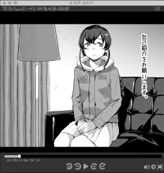 Rule 34 | 1girl, blush, braid, closed mouth, clothes writing, couch, curtains, greyscale, indoors, kantai collection, lamp, long hair, long sleeves, makio (makiomeigenbot), media player interface, monochrome, single braid, sitting, skirt, solo, souya (kancolle), sweat, translation request
