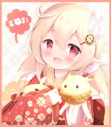 Rule 34 | 1girl, 2021, :d, ahoge, blonde hair, blush, commentary, english commentary, engrish commentary, feather hair ornament, feathers, floral print, genshin impact, hair between eyes, hair ornament, japanese clothes, kimono, klee (genshin impact), long hair, long sleeves, looking at viewer, low twintails, open mouth, pointy ears, print kimono, red eyes, red kimono, renew vivi, sleeves past wrists, smile, solo, twintails, upper body, white feathers, wide sleeves