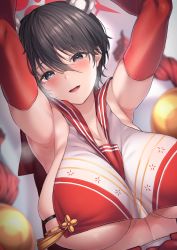 Rule 34 | 1girl, absurdres, animal ears, armpits, arms up, black hair, blue archive, blue eyes, blush, breasts, elbow gloves, gloves, hair between eyes, halo, highres, huge breasts, jingo, looking at viewer, open mouth, red gloves, red sailor collar, rope, sailor collar, shimenawa, smile, solo, teeth, tsubaki (blue archive), underboob, upper body, upper teeth only