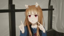 Rule 34 | animal ears, animated, animated gif, brown hair, dancing, happy, holo, red eyes, screencap, spice and wolf, wolf girl