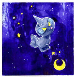 blue_background blue_sclera blue_sky blue_theme border colored_sclera creatures_(company) crescent_moon cross-eyed fleebites floating flying full_body game_freak gen_3_pokemon ghost head_tilt horns inktober looking_at_viewer moon night night_sky nintendo no_humans outdoors painting_(medium) pokemon pokemon_(creature) shuppet single_horn sky smile star_(sky) starry_sky tongue tongue_out traditional_media watercolor_(medium) white_border yellow_eyes