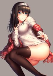 Rule 34 | 10s, 1girl, artist request, black hair, blue eyes, blush, breasts, hairband, idolmaster, idolmaster cinderella girls, large breasts, long hair, looking at viewer, off-shoulder, off-shoulder sweater, open mouth, ribbed sweater, sagisawa fumika, shawl, solo, sweater, thighhighs, yomono
