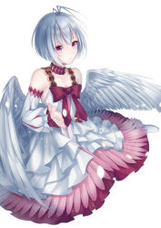 Rule 34 | 1girl, ahoge, angel wings, bad id, bad pixiv id, breasts, choker, cleavage, collarbone, detached sleeves, dress, feathered wings, fitoria (tate no yuusha no nariagari), highres, layered dress, long dress, long sleeves, nt xiki, parted lips, pink eyes, short hair, silver hair, simple background, sitting, sleeveless, sleeveless dress, small breasts, solo, tate no yuusha no nariagari, white background, white dress, white footwear, white sleeves, white wings, wings