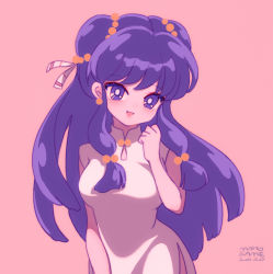 1980s_(style) 1girl 2020 beads china_dress chinese_clothes clenched_hand dated double_bun dress floating_hair hair_beads hair_ornament mahosame oldschool pink_background purple_eyes purple_hair ranma_1/2 retro_artstyle shampoo_(ranma_1/2) solo white_dress