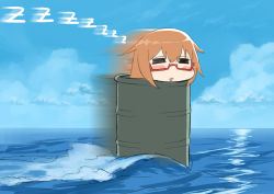 Rule 34 | 1girl, = =, blew andwhite, blue sky, blush stickers, brown hair, character request, chibi, closed eyes, cloud, cloudy sky, commentary request, day, drooling, drum (container), facing viewer, graphite (medium), hair between eyes, head rest, horizon, kantai collection, long hair, motion blur, no nose, ocean, outdoors, parted bangs, red-framed eyewear, semi-rimless eyewear, sketch, sky, sleeping, solo, traditional media, under-rim eyewear, waves, zzz