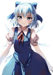 Rule 34 | 1girl, blue bow, blue dress, blue eyes, blue hair, bow, cirno, closed mouth, collared shirt, dress, hair bow, highres, ice, ice wings, looking at viewer, natsume suzuri, pinafore dress, shirt, short hair, simple background, sleeveless dress, smile, solo, touhou, white background, white shirt, wings