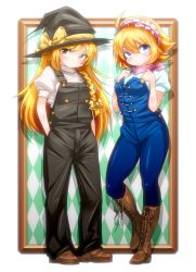 Rule 34 | 2girls, adapted costume, alice margatroid, alternate costume, argyle, argyle background, argyle clothes, bad id, bad pixiv id, blonde hair, blue eyes, blush, blush stickers, boots, bow, braid, brown eyes, expressionless, hair bow, hairband, handkerchief, hands in pockets, hat, hat bow, hip focus, kirisame marisa, knee boots, long hair, looking at viewer, multiple girls, overalls, puffy short sleeves, puffy sleeves, saodake, short hair, short sleeves, single braid, smile, standing, thighs, touhou, turtleneck, very long hair, witch hat
