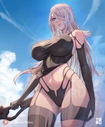 Rule 34 | 1girl, a2 (nier:automata), alternate breast size, android, armlet, arttoru, ass, bare shoulders, black gloves, blue eyes, blue sky, breasts, cloud, elbow gloves, from below, garter straps, gloves, gluteal fold, hair over one eye, highres, holding, holding sword, holding weapon, joints, large breasts, navel, nier:automata, nier (series), robot joints, sky, solo, sword, tank top, thighhighs, weapon, white hair