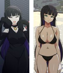 1girl absurdres alternate_costume black_dress bocchi_the_rock! breasts choker collarbone dress goumonsha highres labret_piercing long_sleeves mole mole_on_breast mouth_piercing navel navel_piercing pa-san piercing sleeves_past_fingers sleeves_past_wrists solo