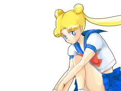 Rule 34 | 1990s (style), 1girl, azuma yukihiko, bishoujo senshi sailor moon, blonde hair, blue eyes, blue sailor collar, bow, double bun, red bow, sailor collar, school uniform, skirt, solo, tsukino usagi