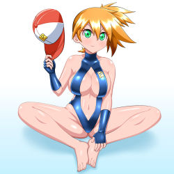 Rule 34 | 1girl, alternate breast size, ass, bare legs, barefoot, baseball cap, blue one-piece swimsuit, blush, breasts, covered collarbone, creatures (company), curvy, female focus, fingerless gloves, game freak, gloves, gradient background, green eyes, gym leader, hair between eyes, hat, highleg, highleg swimsuit, highres, knees apart feet together, large breasts, looking at viewer, misty (pokemon), nintendo, one-piece swimsuit, orange hair, pokemon, pokemon: the electric tale of pikachu, ponytail, shiny skin, side ponytail, sideboob, simple background, slingshot swimsuit, smile, solo, spread legs, standing, sweat, swimsuit, yensh