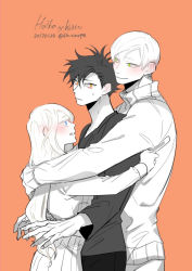 Rule 34 | 1girl, 2boys, bisexual male, black hair, blue eyes, blush, brother and sister, character name, dio carpe, ear blush, family, group hug, haiba arisa, haiba lev, haikyuu!!, height difference, hug, hug from behind, jacket, kuroo tetsurou, long hair, long sleeves, looking at another, looking to the side, multiple boys, orange background, partially colored, sandwiched, shirt, short hair, siblings, simple background, skirt, spiked hair, standing, sweatdrop