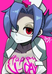 Rule 34 | 1girl, blue hair, body writing, breasts, choker, cleavage, eyepatch, hat, highres, large breasts, mask, mouth mask, nurse cap, oikwkrbb, pink background, ponytail, skullgirls, smile, solo, surgical mask, upper body, valentine&#039;s day, valentine (skullgirls)