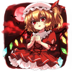 Rule 34 | 1girl, alternate costume, bat (animal), blonde hair, breasts, crystal, dress, fangs, flandre scarlet, frilled shirt collar, frills, full moon, glowing, glowing wings, hair between eyes, hat, hat ribbon, highres, looking at viewer, medium hair, mob cap, moon, multicolored wings, one side up, open mouth, outdoors, own hands together, poppu, puffy short sleeves, puffy sleeves, red background, red dress, red eyes, red moon, red ribbon, red sky, ribbon, short sleeves, sky, small breasts, solo, touhou, white hat, wings