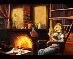 Rule 34 | 1girl, adapted costume, alice margatroid, armband, bad id, bad pixiv id, basket, bespectacled, blonde hair, blue dress, blue eyes, book, bookshelf, bottle, brick, cake, carrying, chair, cup, curtains, doll, dress, expressionless, female focus, fire, fireplace, flower, food, fruit, glasses, hairband, holding, holding book, indoors, lantern, letterboxed, light, long sleeves, looking at viewer, monocle, monocle chain, night, open book, photo (object), plant, potted plant, puffy long sleeves, puffy sleeves, reading, shanghai doll, short hair, sitting, sleeveless, sleeveless dress, solo, table, tablecloth, teacup, teapot, touhou, vase, water, window, wine bottle, you (shimizu)