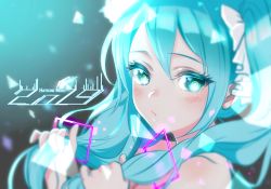 Rule 34 | 1girl, aqua eyes, aqua hair, bare shoulders, blurry, blurry background, blurry foreground, blush, closed mouth, commentary request, crystal, depth of field, expressionless, eyelashes, frills, gou d, hair between eyes, hatsune miku, hatsune miku (vocaloid4) (chinese), holding, holding hair, long hair, looking at viewer, portrait, ringed eyes, solo, twintails, vocaloid