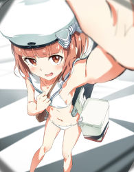 Rule 34 | 10s, 1girl, :d, beret, bikini, blush, bow, breasts, brown eyes, brown hair, cooler, flat chest, foreshortening, from above, hat, hat bow, kantai collection, navel, open mouth, reaching, reaching towards viewer, red eyes, red hair, sailor bikini, sailor collar, selfie, side-tie bikini bottom, smile, smiley face, solo, swimsuit, tomato (lsj44867), white bikini, white hat, z3 max schultz (kancolle)