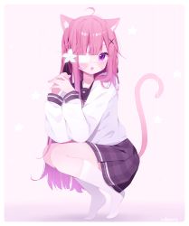 Rule 34 | 1girl, ahoge, animal ear fluff, animal ears, bandaid, bandaid on cheek, bandaid on face, black sailor collar, black skirt, blush, cat ears, cat girl, cat tail, commentary, deyui, eyepatch, flower, hair flower, hair ornament, highres, indie virtual youtuber, long sleeves, looking at viewer, medical eyepatch, mikeneko (vtuber), mikeneko (vtuber) (1st costume), no shoes, open mouth, own hands together, pink background, pleated skirt, puffy long sleeves, puffy sleeves, purple eyes, sailor collar, school uniform, serafuku, shirt, skirt, socks, solo, squatting, star (symbol), symbol-only commentary, tail, tail raised, teeth, tiptoes, upper teeth only, virtual youtuber, white flower, white shirt, x hair ornament