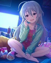 Rule 34 | 1girl, ahoge, apron, bed, blonde hair, blush, bottle, box, box of chocolates, brown eyes, cake, cookie, dessert, food, gift, gift box, hair ornament, hair ribbon, happy valentine, heart, highres, hoshi syoko, idolmaster, idolmaster cinderella girls, idolmaster cinderella girls starlight stage, long hair, long sleeves, looking at viewer, official art, open mouth, pillow, ribbon, smile, solo, television, undershirt, valentine