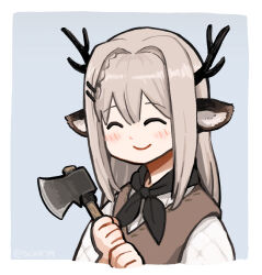 Rule 34 | 1girl, ^ ^, alina (arknights), animal ears, antlers, arknights, axe, blue background, blush, border, brown sweater vest, closed eyes, closed mouth, cropped torso, deer antlers, deer ears, deer girl, grey hair, hair ornament, hairclip, hands up, hatchet (axe), holding, holding axe, horns, long hair, outside border, silverxp, simple background, smile, solo, sweater, sweater vest, twitter username, white border, white sweater