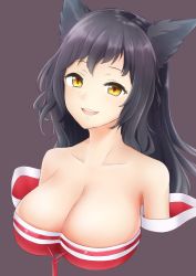 Rule 34 | 1girl, absurdres, ahri (league of legends), animal ears, bad id, bad pixiv id, bare shoulders, black hair, breasts, brown background, cleavage, collarbone, detached sleeves, fox ears, highres, korean clothes, large breasts, league of legends, long hair, nanabe, open mouth, simple background, slit pupils, solo, upper body, yellow eyes