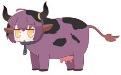 Rule 34 | 1girl, animal ears, arknights, brown eyes, commentary, cow, cow ears, cow horns, cow tail, english commentary, highres, horns, naga u (style), necktie, open mouth, ponyupdaddy, purple hair, short hair, sideroca (arknights), simple background, solo, tail, udder, white background