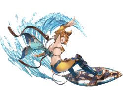 Rule 34 | 10s, 1girl, animal ears, armpits, brown hair, erune, full body, gold trim, granblue fantasy, green eyes, hairband, kairana, looking at viewer, looking back, minaba hideo, open mouth, simple background, skin tight, smile, solo, surf, surfboard, surfing, swept bangs, transparent background, water, white background
