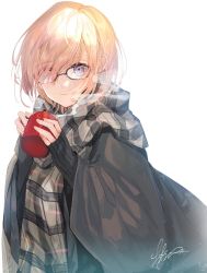 Rule 34 | 1girl, alternate hair color, black-framed eyewear, black sweater, blanket, blonde hair, blush, brown scarf, closed mouth, coffee mug, cup, fate/grand order, fate (series), glasses, hair over one eye, hands up, highres, holding, holding cup, long sleeves, looking at viewer, mash kyrielight, mash kyrielight (chaldea teatime), mug, nishikiya, official alternate costume, plaid, plaid scarf, purple eyes, ribbed sweater, scarf, short hair, sidelocks, signature, simple background, sleeves past wrists, smile, solo, steam, sweater, upper body, white background