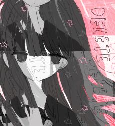 Rule 34 | 1girl, bags under eyes, blunt bangs, closed mouth, dot mouth, empty eyes, greyscale with colored background, long hair, looking at viewer, noroi (rnatataki), original, pink background, portrait, simple background, solo