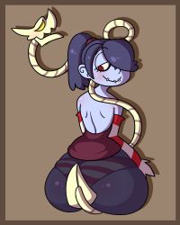 Rule 34 | 1girl, ass, blue hair, blue skin, cerealharem, colored skin, detached sleeves, hair over one eye, highres, huge ass, leviathan (skullgirls), looking back, panties, red eyes, see-through, side ponytail, sitting, skullgirls, smile, squigly (skullgirls), stitched mouth, stitches, striped clothes, striped panties, underwear, zombie