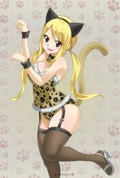 Rule 34 | 1girl, absurdres, animal ears, bare shoulders, blonde hair, blush, breasts, brown eyes, cat, cleavage, collar, eyes visible through hair, fairy tail, fake animal ears, feet out of frame, gaston18, hair between eyes, high heels, highres, large breasts, leotard, looking at viewer, lucy heartfilia, open mouth, paw pose, sandals, sleeveless, solo, standing, standing on one leg, teeth, thighhighs, tongue, twintails
