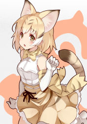 Rule 34 | 10s, 1girl, absurdres, animal ears, bare shoulders, blonde hair, blush, bow, bowtie, breasts, brown eyes, cat ears, cat tail, elbow gloves, gloves, highres, japari symbol, kemono friends, kujou ichiso, looking at viewer, medium breasts, open mouth, sand cat (kemono friends), short hair, sleeveless, solo, tail