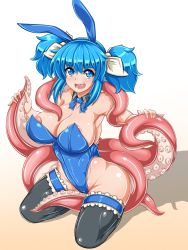 Rule 34 | 1girl, :d, animal ears, areola slip, bare shoulders, black thighhighs, blue eyes, blue hair, breasts, cleavage, coco ankou, curvy, detached collar, fake animal ears, female focus, gradient background, hair ornament, hair ribbon, highleg, highleg leotard, highres, kneeling, kokoankou, large areolae, large breasts, leotard, looking at viewer, matching hair/eyes, monster girl, nyame (coco ankou), open mouth, original, playboy bunny, puffy nipples, rabbit ears, ribbon, scylla, short twintails, simple background, smile, solo, tentacles, thighhighs, twintails, wide hips