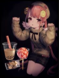 Rule 34 | 1girl, bell, black background, black shorts, blush, brown hat, brown sweater, bubble tea, candy, cookie, cup, darandy, disposable cup, drinking straw, earrings, food, hair bell, hair ornament, hat, highres, jewelry, kneeling, lollipop, long hair, long sleeves, open mouth, original, pink eyes, pink hair, ribbon, shorts, simple background, sleeves past wrists, solo, sweater, twintails, wings
