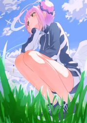 Rule 34 | 1girl, absurdres, bare legs, blue archive, blue footwear, blue jacket, blue shorts, blue sky, closed mouth, cloud, commentary request, day, double bun, grass, hair bun, halo, hand on own cheek, hand on own face, head rest, highres, humeiyo, jacket, legs, long sleeves, looking afar, low wings, mika (blue archive), outdoors, pink hair, pink halo, shoes, short hair, shorts, sky, solo, squatting, track jacket, white wings, wings, yellow eyes