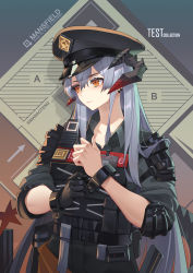 Rule 34 | 1girl, arknights, artist name, black gloves, closed mouth, commentary request, dragon horns, earrings, elbow pads, gloves, grey shirt, hair between eyes, hat, highres, horns, jewelry, long hair, military hat, official alternate costume, orange eyes, peaked cap, bulletproof vest, saria (arknights), saria (the law) (arknights), shirt, shoulder pads, silver hair, sima naoteng, single glove, solo, upper body, walkie-talkie, wrist cuffs