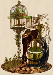 Rule 34 | absurdres, bird, birdcage, bone, cage, chair, dress, closed eyes, feathers, gin ji, highres, long hair, original, ponytail, sitting, solo, surreal, tree, white hair, wings
