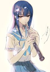 Rule 34 | 1girl, blue hair, hattori masahiko, hibike! euphonium, instrument, long hair, oboe, school uniform, serafuku, sketch, solo, yoroizuka mizore