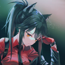 Rule 34 | 1girl, animal ears, arknights, black background, black hair, black necktie, breasts, brown eyes, cigarette, commentary request, ear piercing, fuyuumikou, gradient background, green jacket, hair between eyes, hand on own head, highres, jacket, long hair, medium breasts, mouth hold, necktie, off shoulder, official alternate costume, open clothes, open jacket, piercing, red shirt, shirt, solo, texas (arknights), texas (willpower) (arknights), upper body, white background, wolf ears